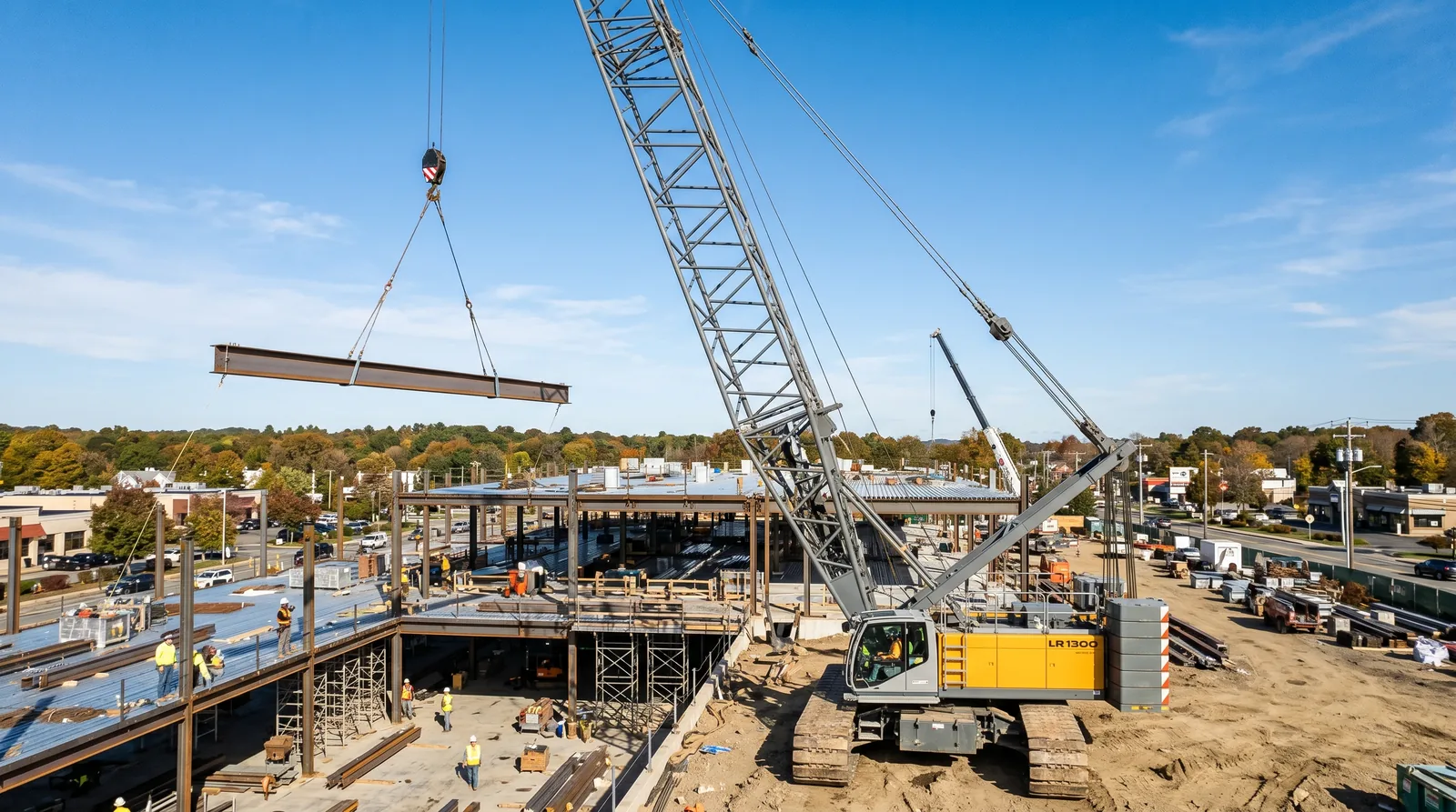 A lattice-boom crawler crane lifting a steel beam at a construction site (MA Class 1A hoisting equipment).