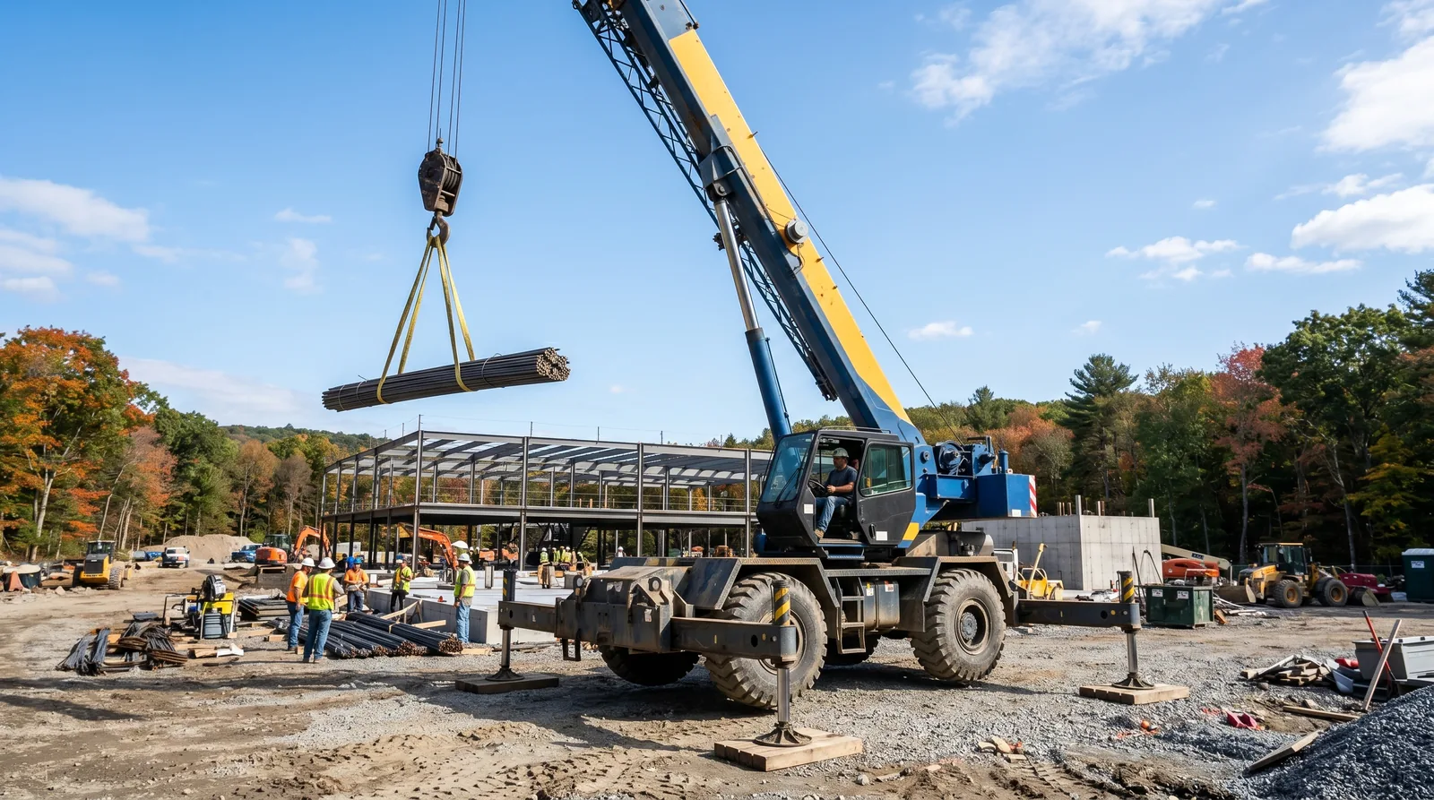 A rough-terrain mobile crane with a hydraulic telescoping boom and wire-rope hook block (MA Class 1B hoisting equipment).