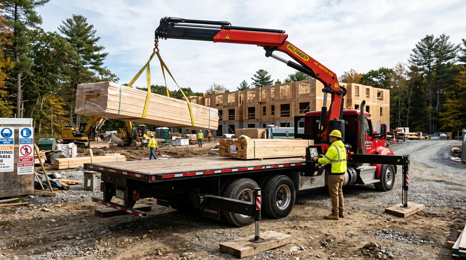 A truck-mounted hydraulic boom crane (boom truck) lifting building materials (MA Class 1C hoisting equipment).