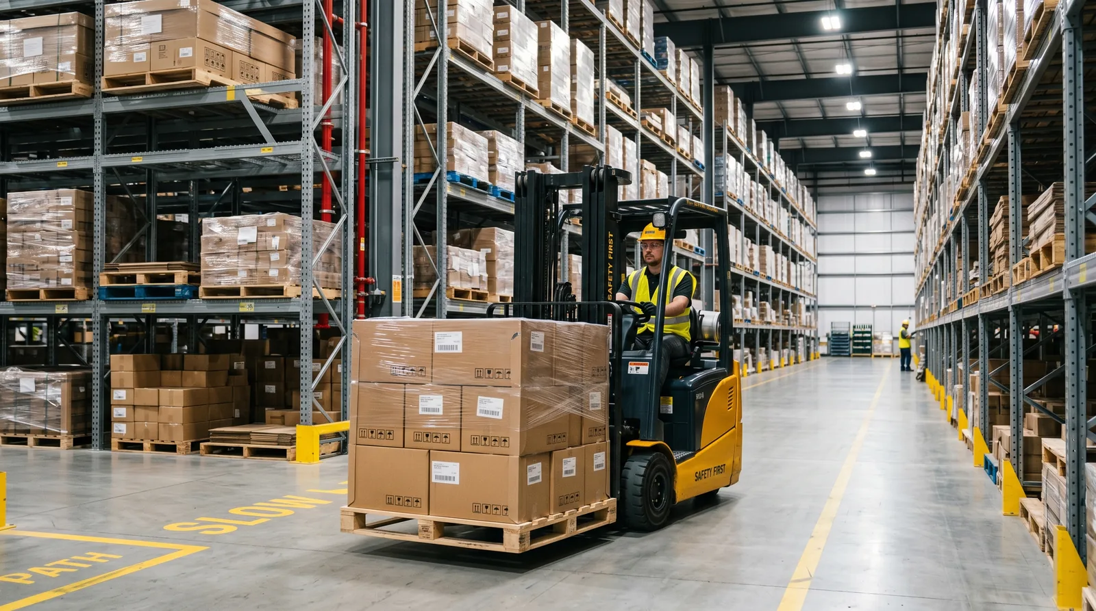 A counterbalanced warehouse forklift carrying a pallet indoors (MA Class 1D industrial lift truck).