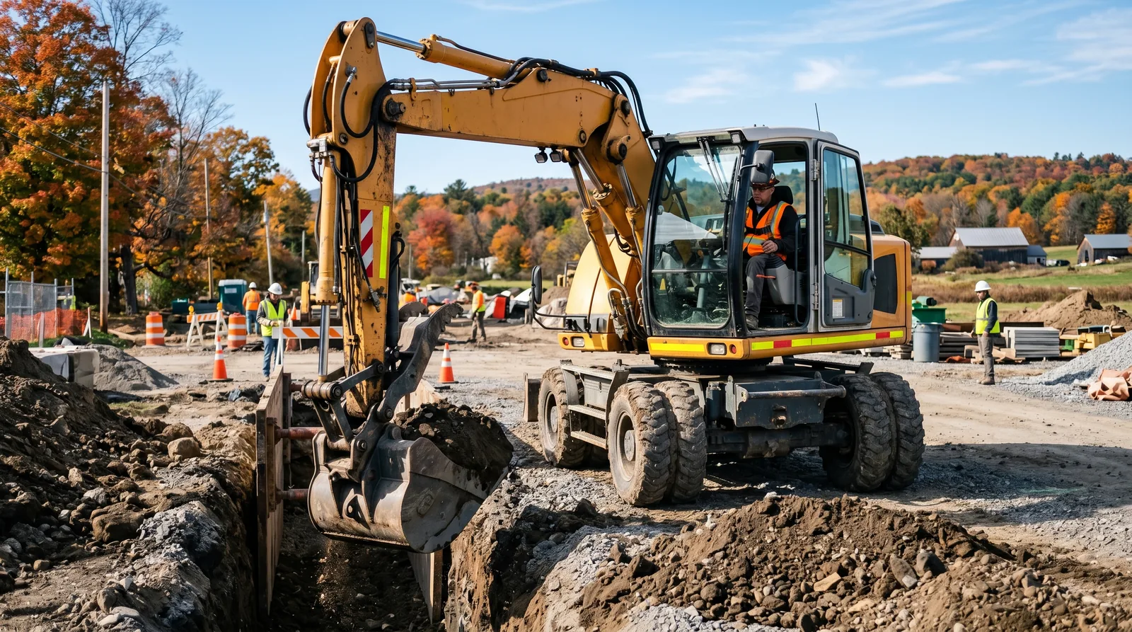 A rubber-tired hydraulic excavator digging a trench at a construction site (MA Class 2A excavating machinery).
