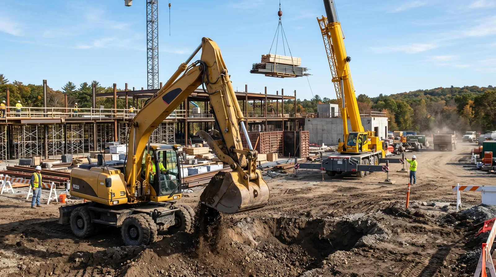 A construction site with an excavator digging and a hydraulic boom truck lifting materials (MA Class 2A/1C).