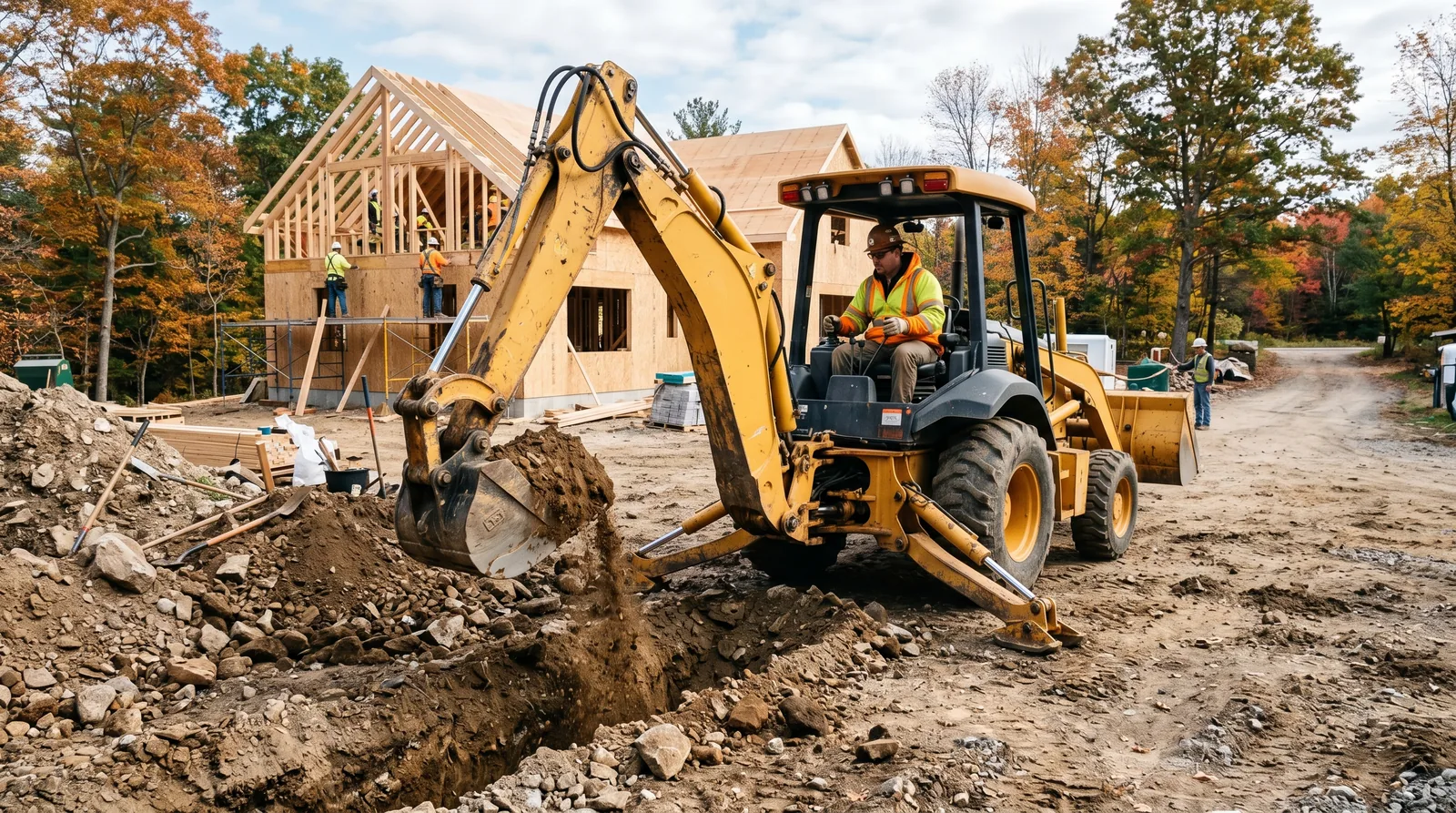 A backhoe loader digging a trench with its rear backhoe and stabilizers down (MA Class 2B combination loader/backhoe).