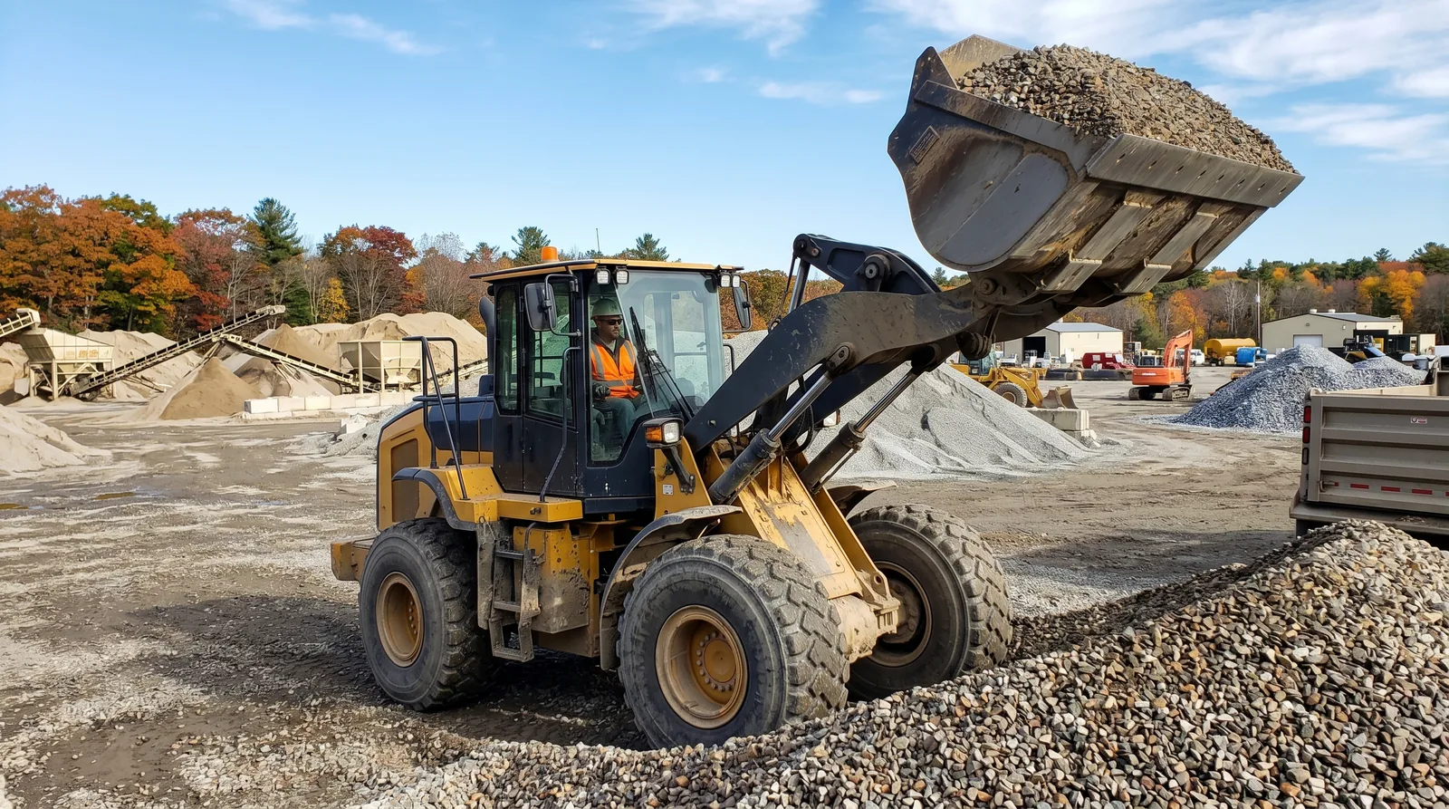 An articulated front-end wheel loader scooping gravel (MA Class 2C front-end loader).