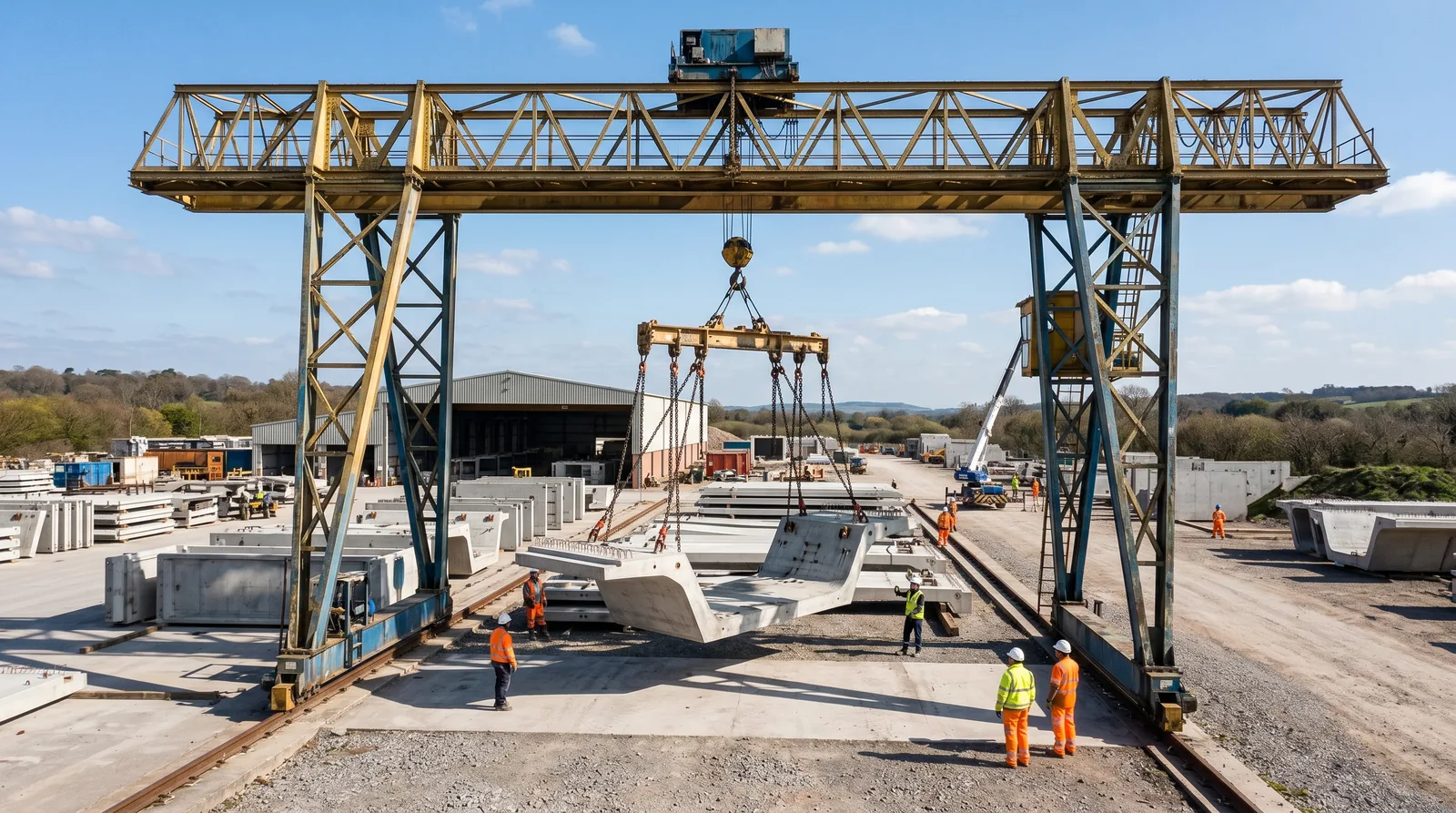 A large overhead gantry crane lifting a precast concrete segment (MA Class 3A overhead/gantry hoisting).