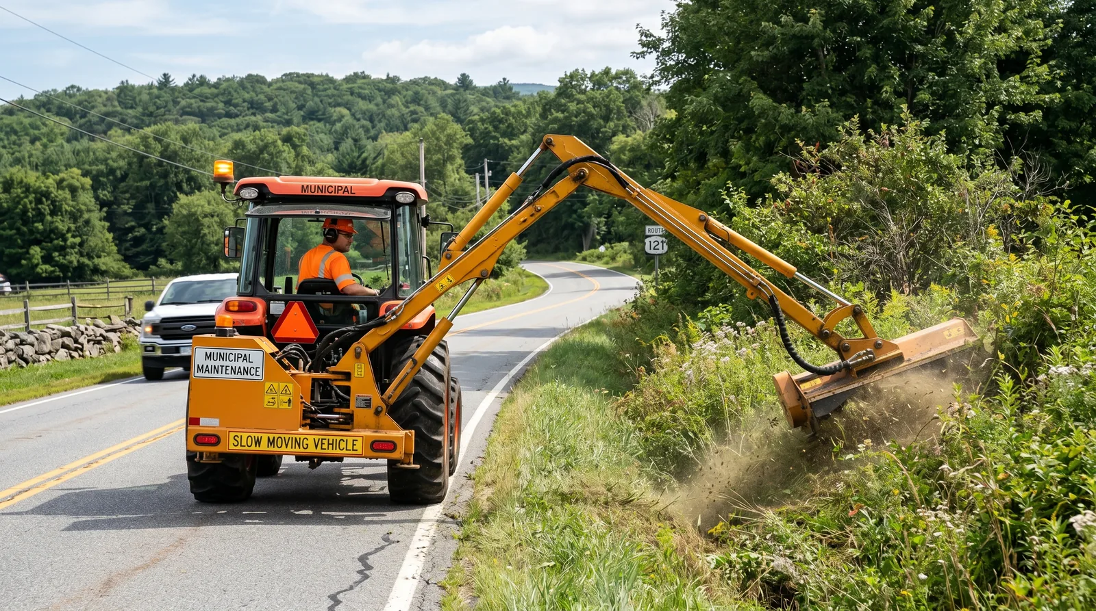 A tractor with a hydraulic side-boom flail mower cutting brush along a roadside (MA Class 4G specialty side-boom mower).