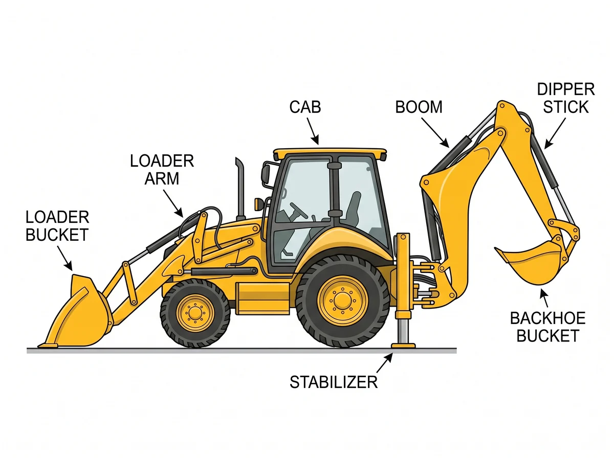 Labeled diagram of a backhoe loader: loader bucket, loader arm, cab, stabilizer, boom, dipper stick, backhoe bucket.