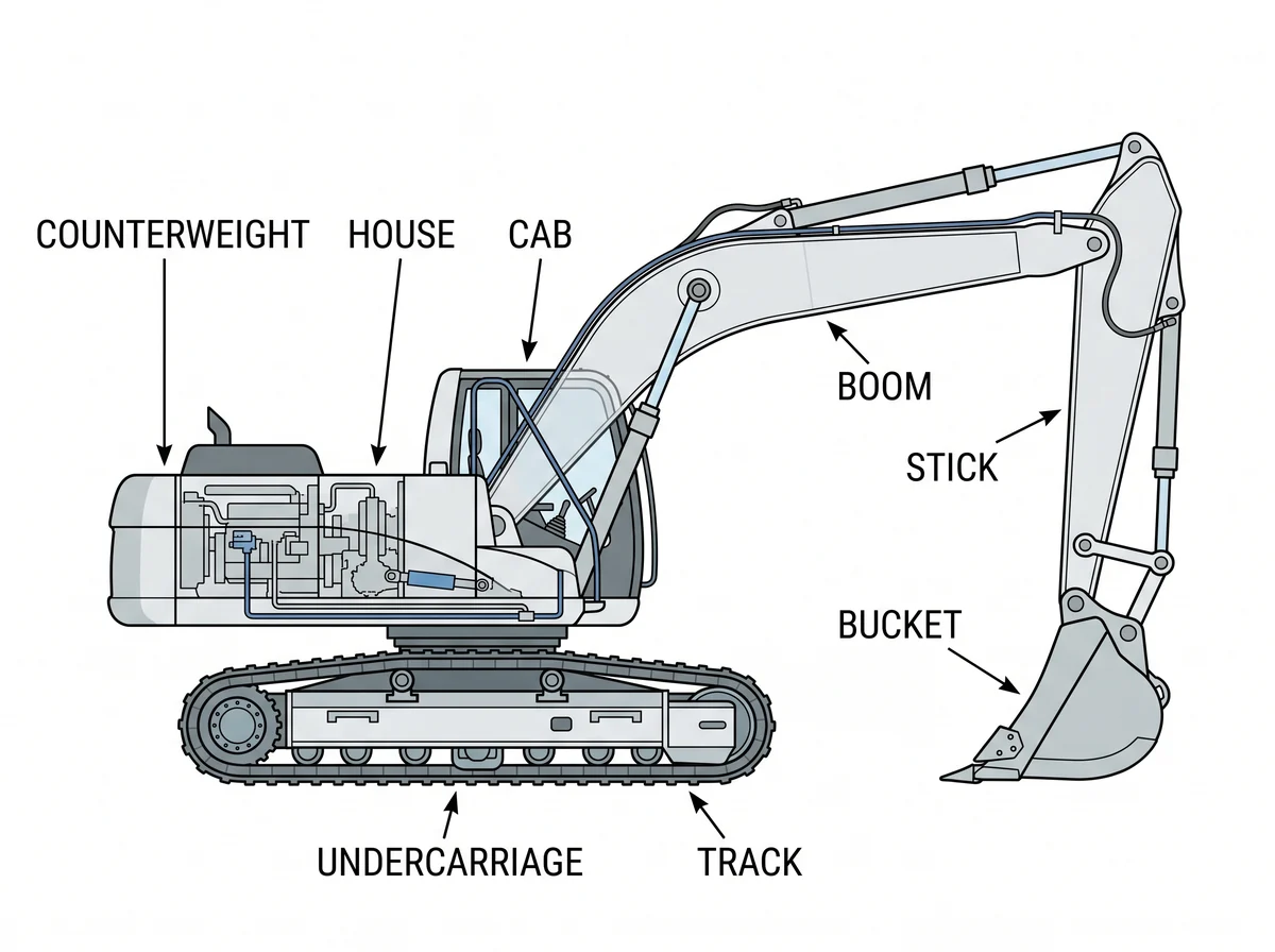 Labeled diagram of a hydraulic excavator: boom, stick, bucket, cab, house, counterweight, undercarriage, track.