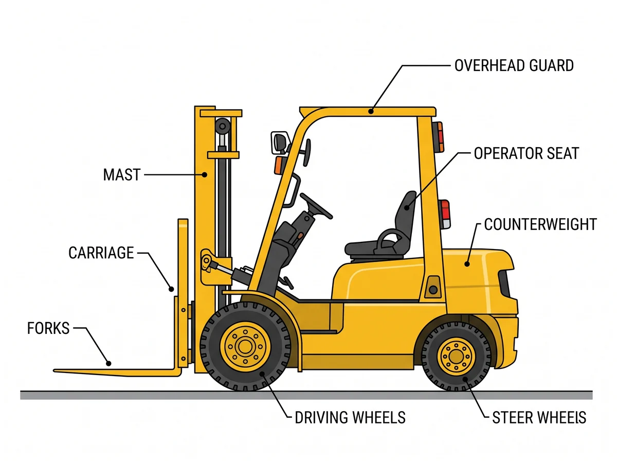 Labeled diagram of a counterbalanced forklift: mast, forks, carriage, overhead guard, counterweight, operator seat, drive wheel.