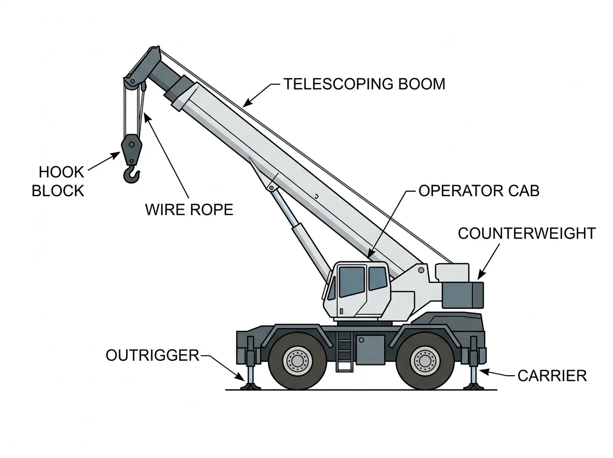 Labeled diagram of a hydraulic boom crane: telescoping boom, hook block, outrigger, cab, counterweight, carrier.