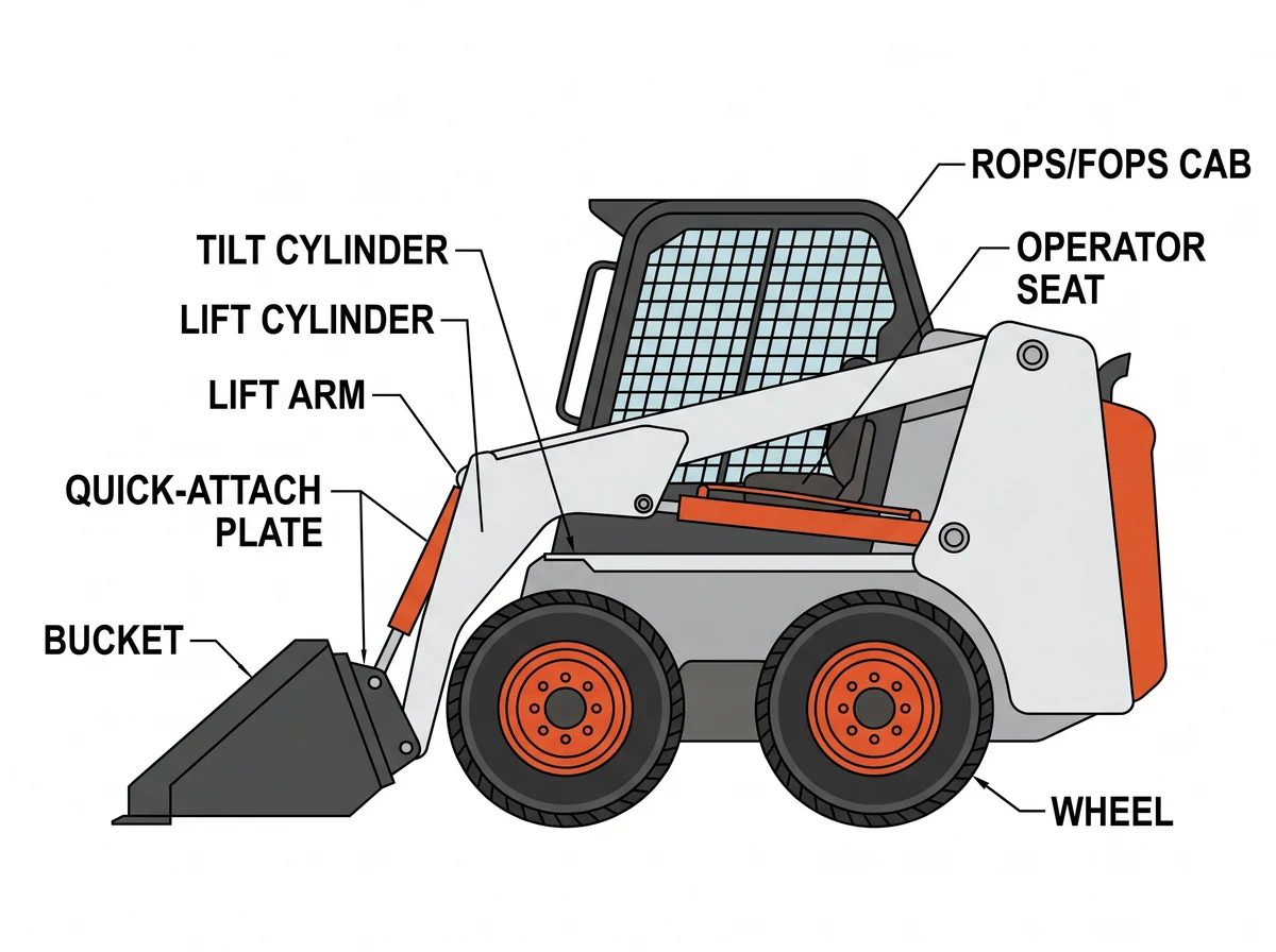 Labeled diagram of a skid steer loader: bucket, quick-attach plate, lift arm, lift cylinder, tilt cylinder, ROPS/FOPS cab, operator seat, wheel.
