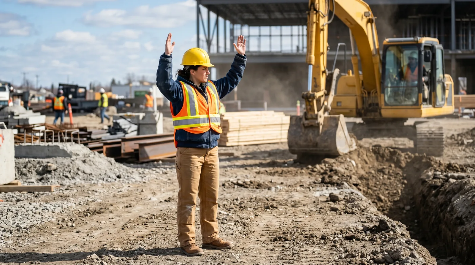 A designated signal person in a hard hat and high-visibility vest directing an equipment operator on a job site.
