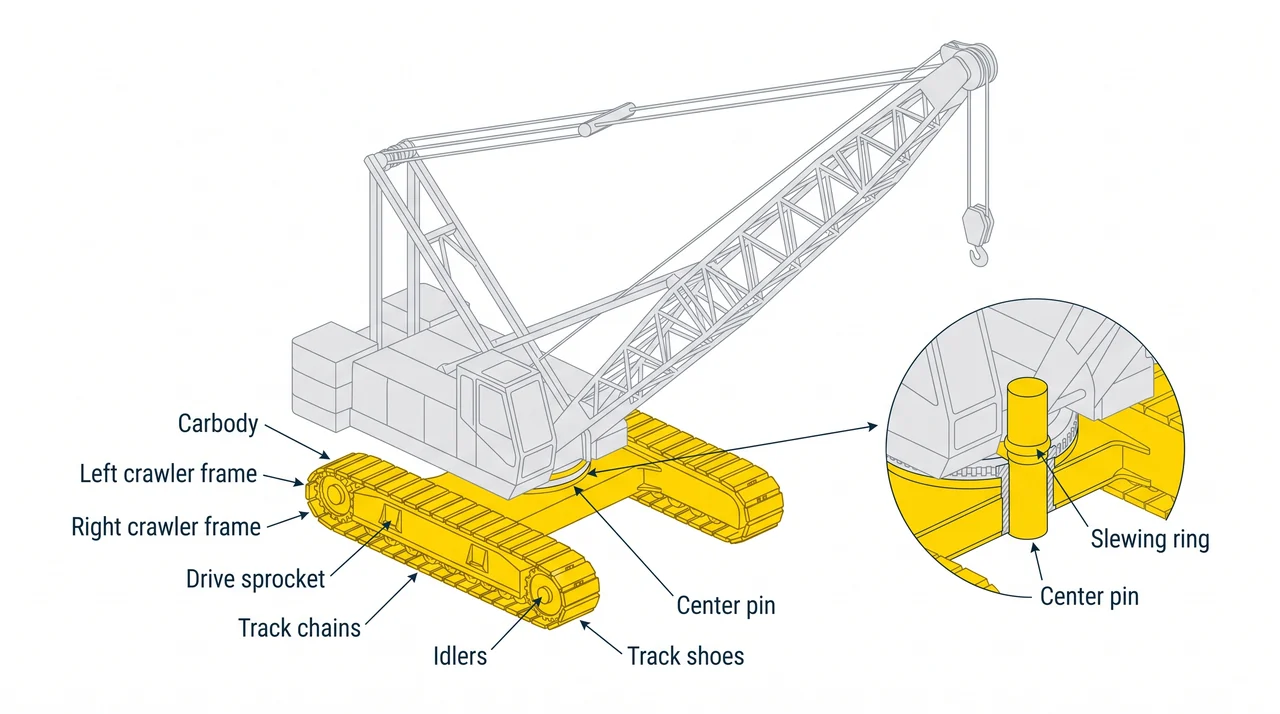 Lower works: carbody, crawlers, and the center pin — 1A Hoisting apparatus w/ friction winch drum.