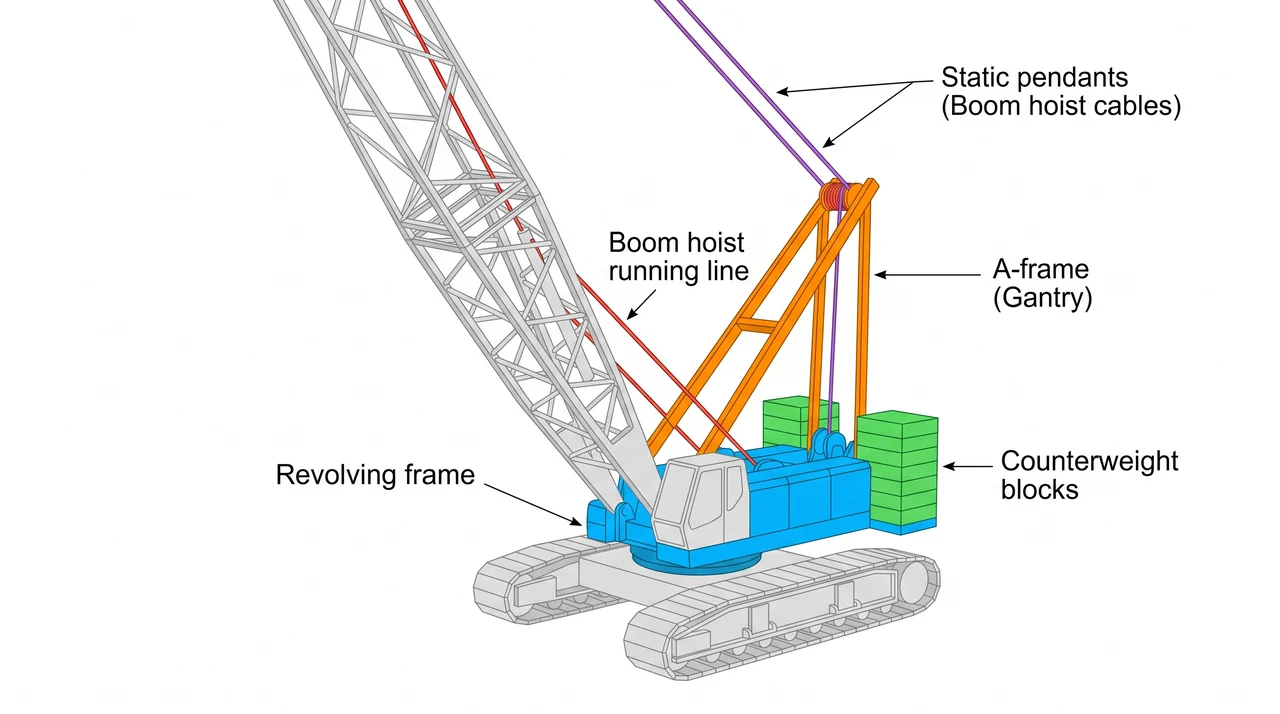 Upper works: revolving frame, A-frame, and counterweight — 1A Hoisting apparatus w/ friction winch drum.