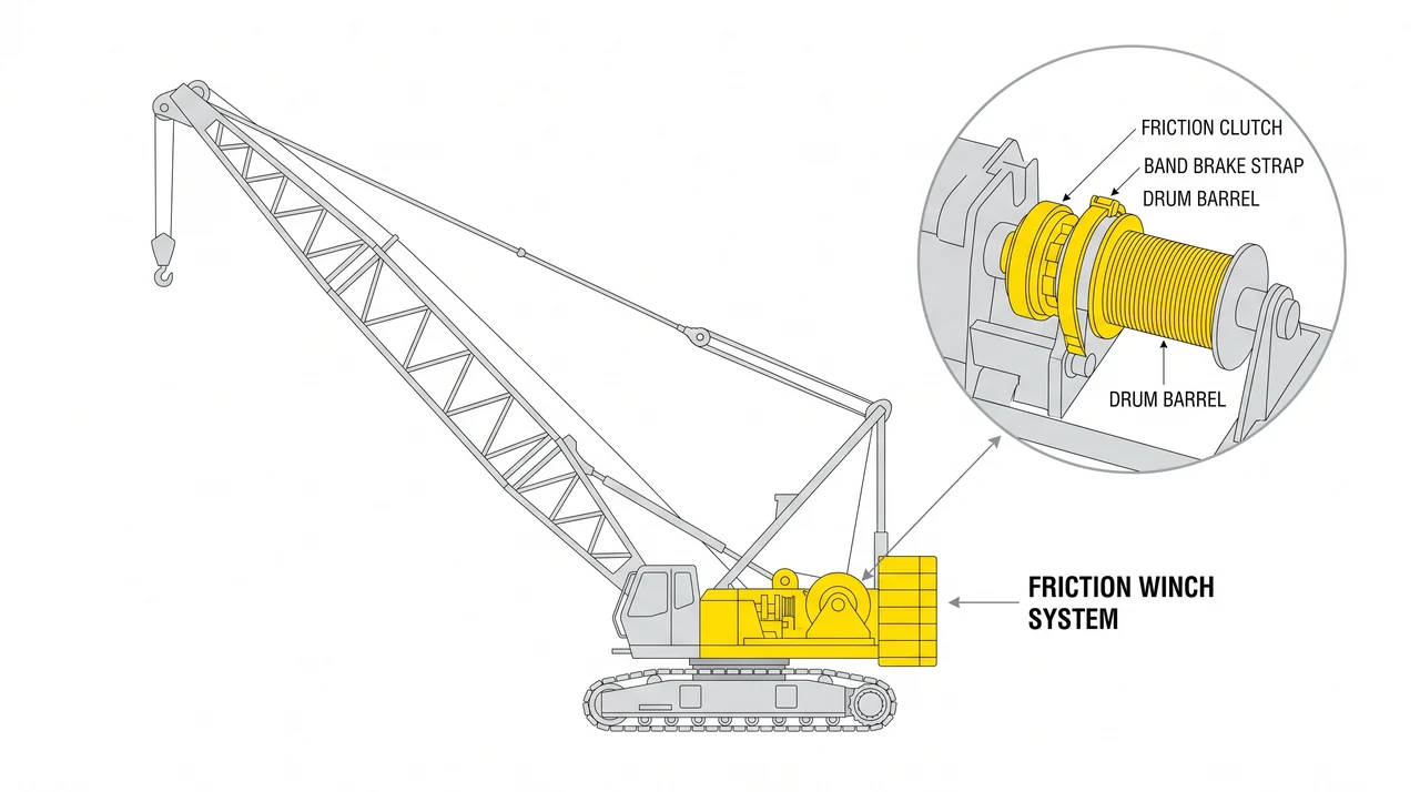 Friction winch system: clutch, brake, and drums — 1A Hoisting apparatus w/ friction winch drum.