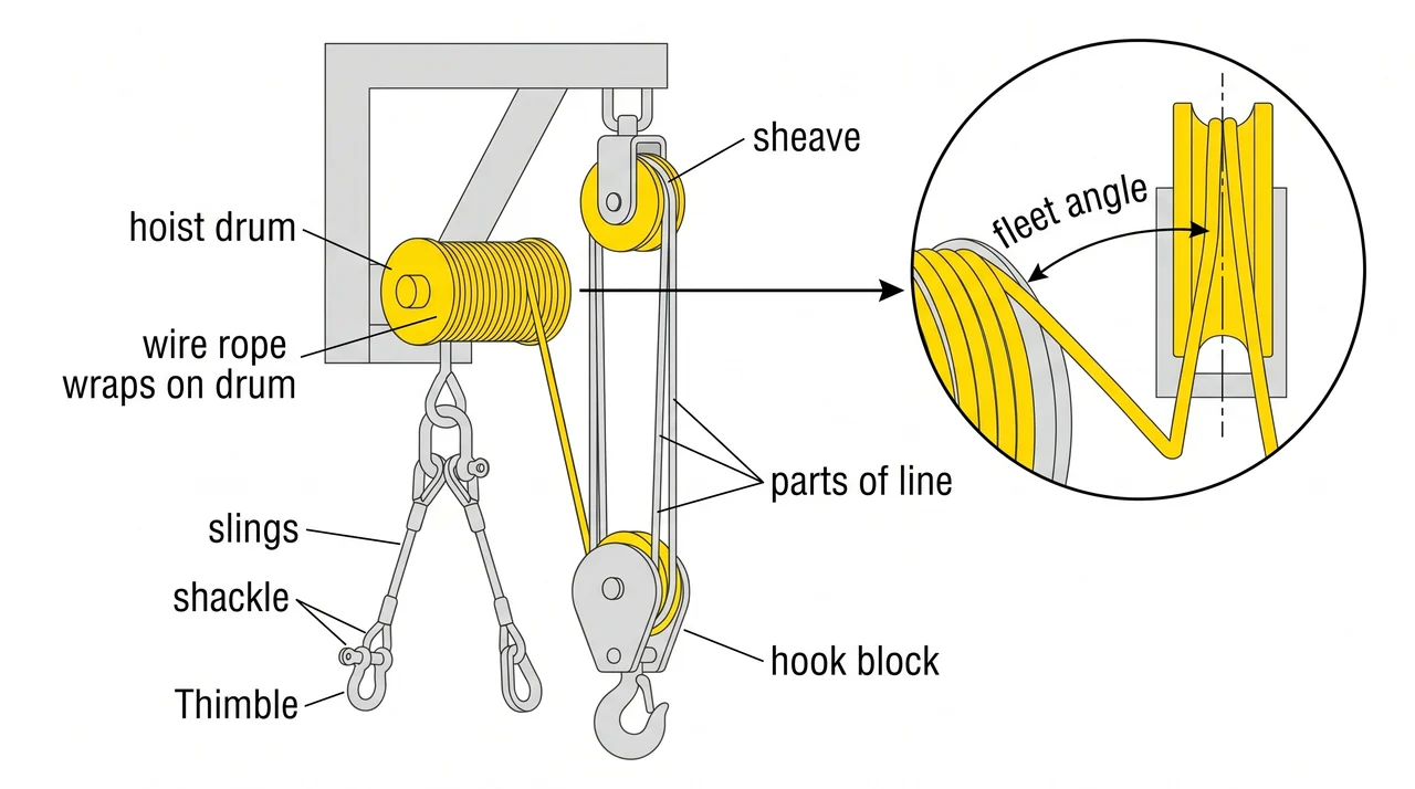 Reeving, fleet angle, and drum requirements — 1A Hoisting apparatus w/ friction winch drum.