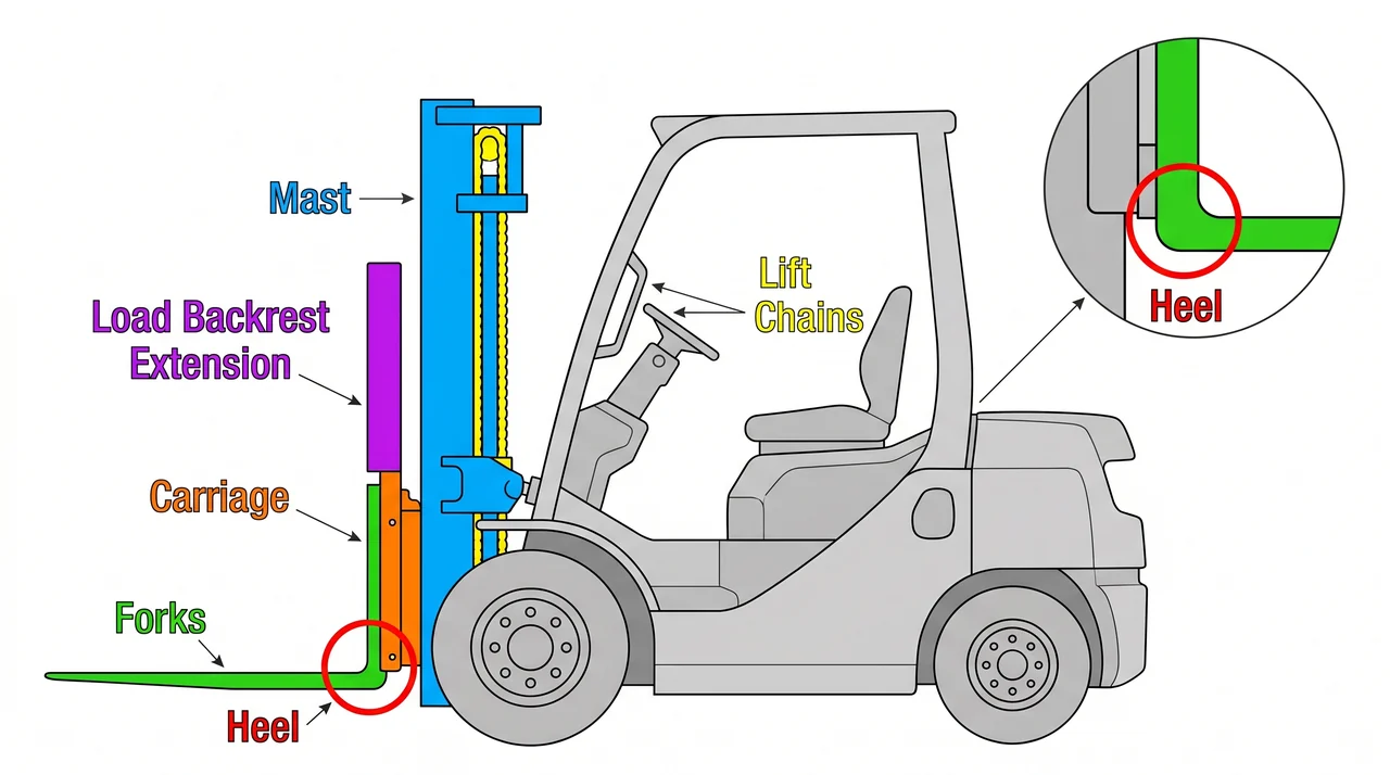 Mast, carriage, and forks: the lifting assembly — 1D Industrial lift trucks.