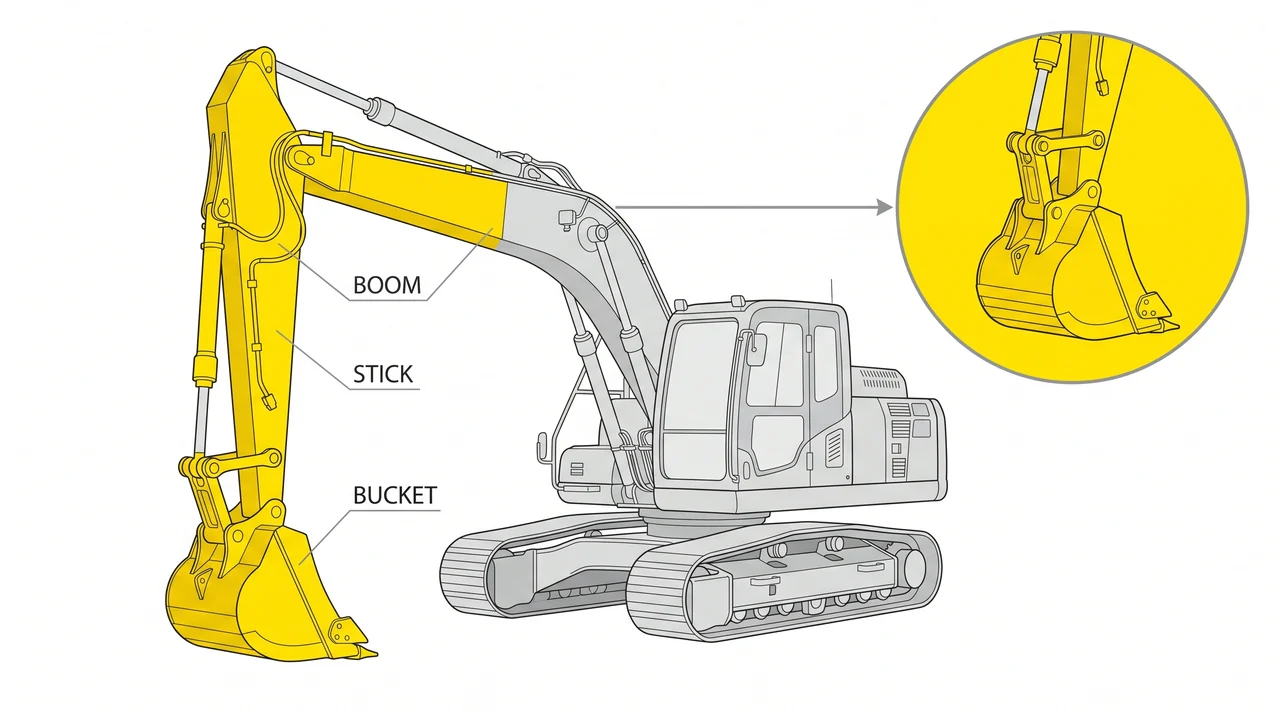 The front attachment: boom, stick, and bucket — 2A Excavating Machinery.