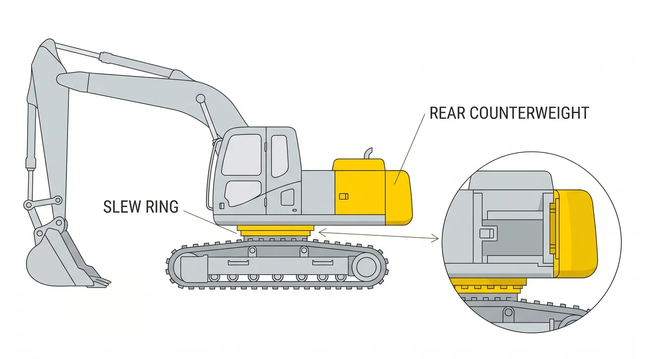 Slew ring, slew motor, and counterweight — 2A Excavating Machinery.