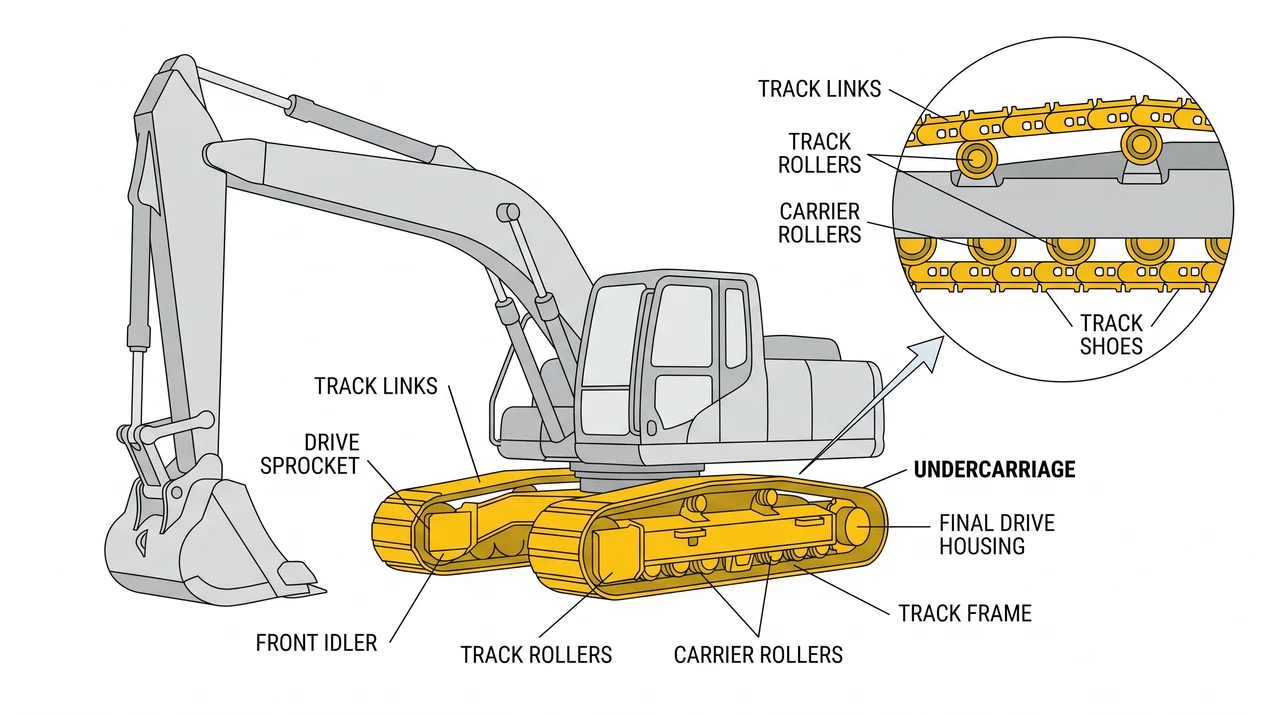 The undercarriage: tracks, rollers, idlers, and tension — 2A Excavating Machinery.