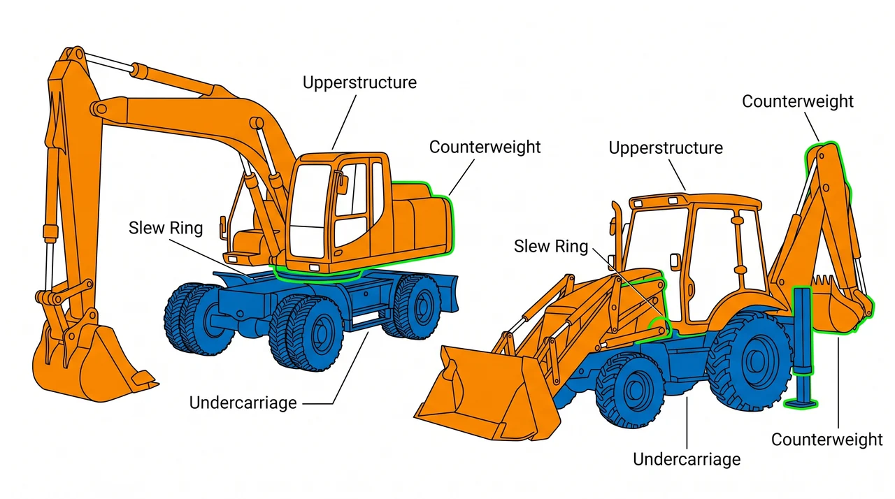 Upperstructure and undercarriage: the two main assemblies — 2A/1C Excavating Machinery & Hydraulic Boom-Truck Hoisting.