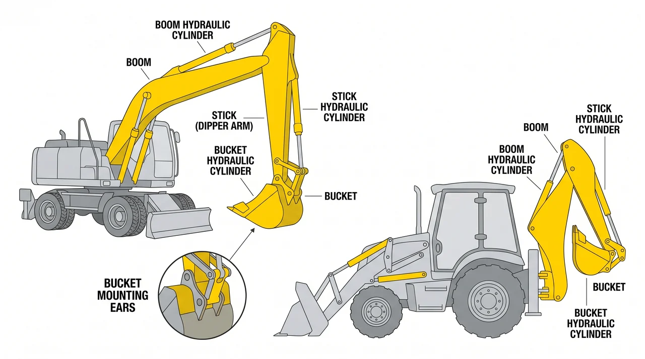 The working arm: boom, stick, and bucket — 2A/1C Excavating Machinery & Hydraulic Boom-Truck Hoisting.