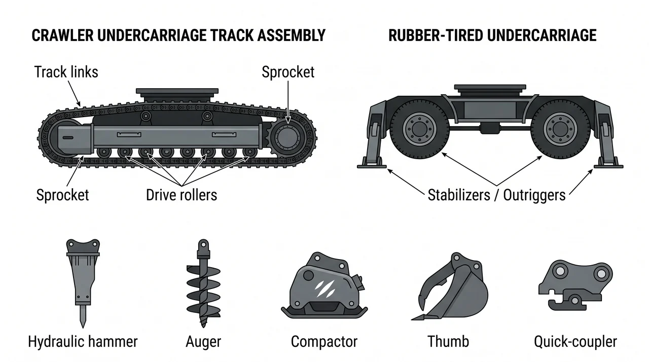 Undercarriage inspection, rubber-tired machines, and approved attachments — 2A/1C Excavating Machinery & Hydraulic Boom-Truck Hoisting.