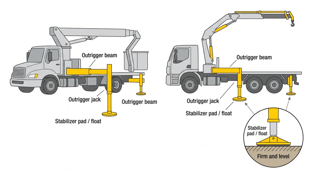 Outriggers, stabilizers, and ground support — 2A/1C Excavating Machinery & Hydraulic Boom-Truck Hoisting.