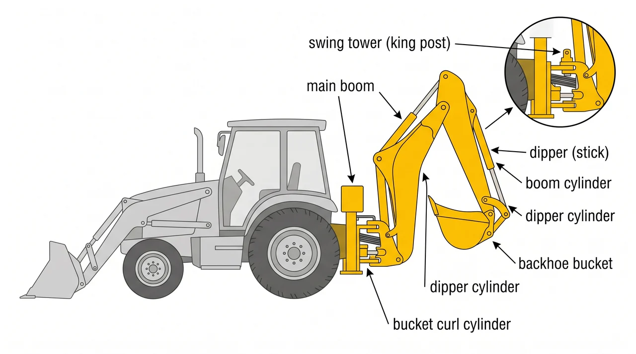 The rear backhoe: boom, dipper, swing tower, and bucket — 2B Backhoe Loaders (Loader/Backhoe Combination).
