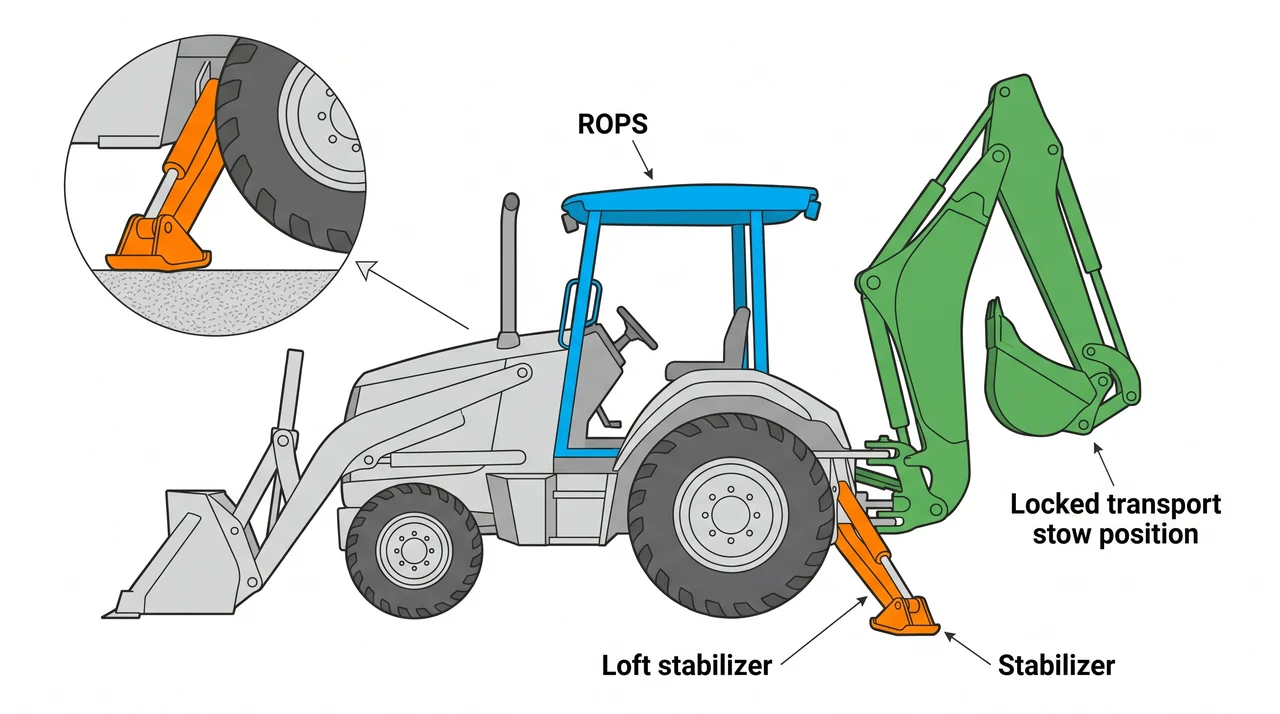 Stabilizers, the ROPS, and the transport position — 2B Backhoe Loaders (Loader/Backhoe Combination).