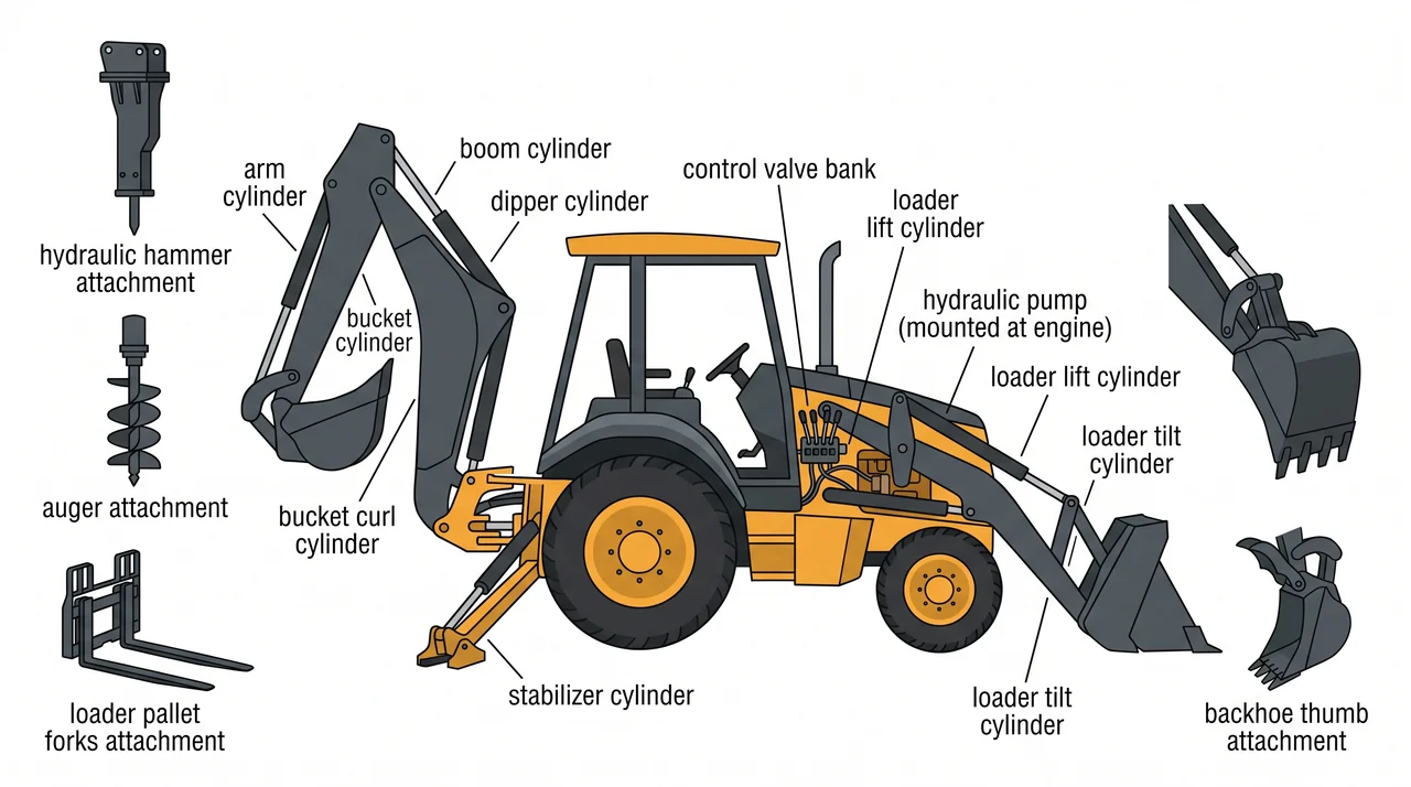 Counterbalance, hydraulic system, and attachments — 2B Backhoe Loaders (Loader/Backhoe Combination).