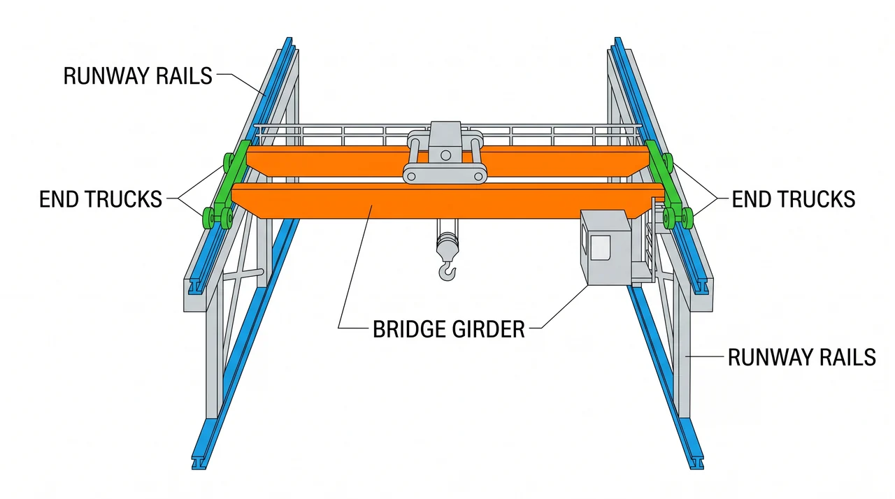 The structural frame: runway, bridge, and end trucks — 3A Overhead, Gantry & Marine Hoists.